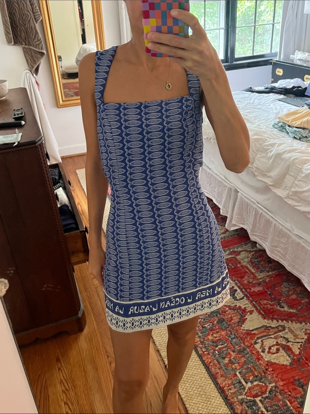 H&M Blue White Patterned Square-Neck Mini Dress